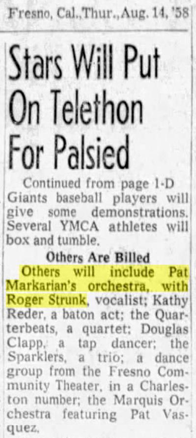 Roger Strunk on Cerebral Palsy Telethon (1958 Fresno Bee Article)